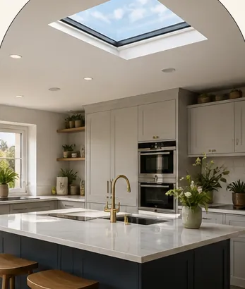 A flat rooflight over a kitchen island