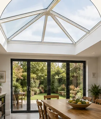 A glazed roof lantern over a dining table, seen from below