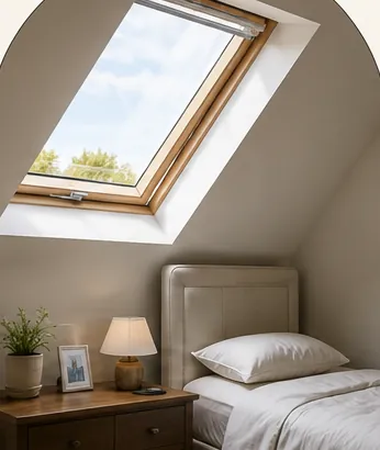 A roof window in the slope of a loft bedroom