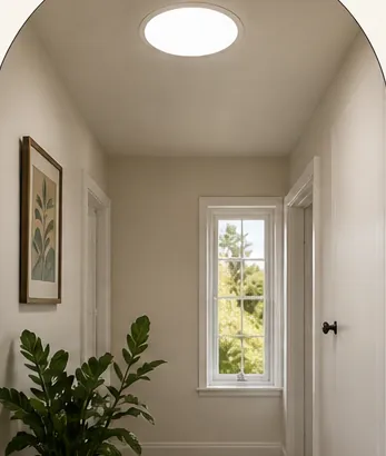 A round sun tunnel diffuser in a hallway ceiling
