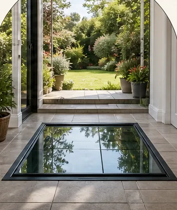 A walk-on glass rooflight set into a terrace floor