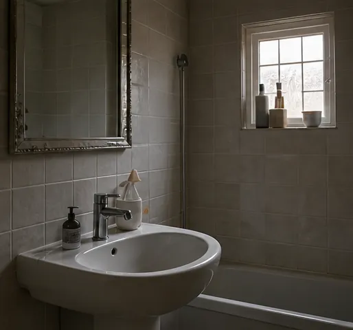 A bathroom basin in shadow with a small window high on the wall