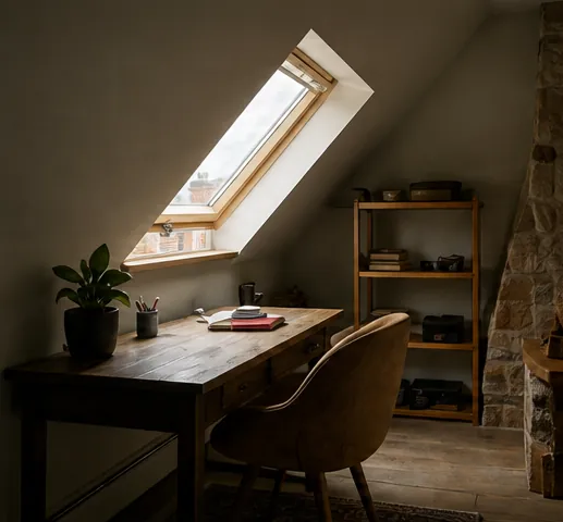 A loft desk under a roof window that lights the wall more than the desk