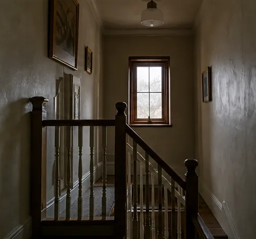 A dim upstairs landing with a small window at the far end and a timber balustrade