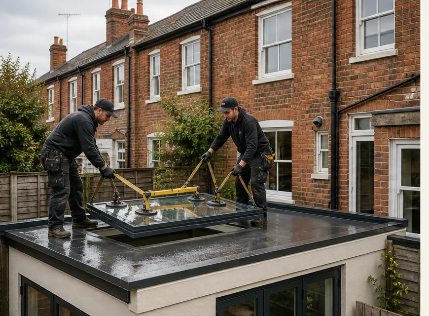 Two fitters lowering a flat rooflight onto the kerb of a single-storey extension behind a red-brick terrace