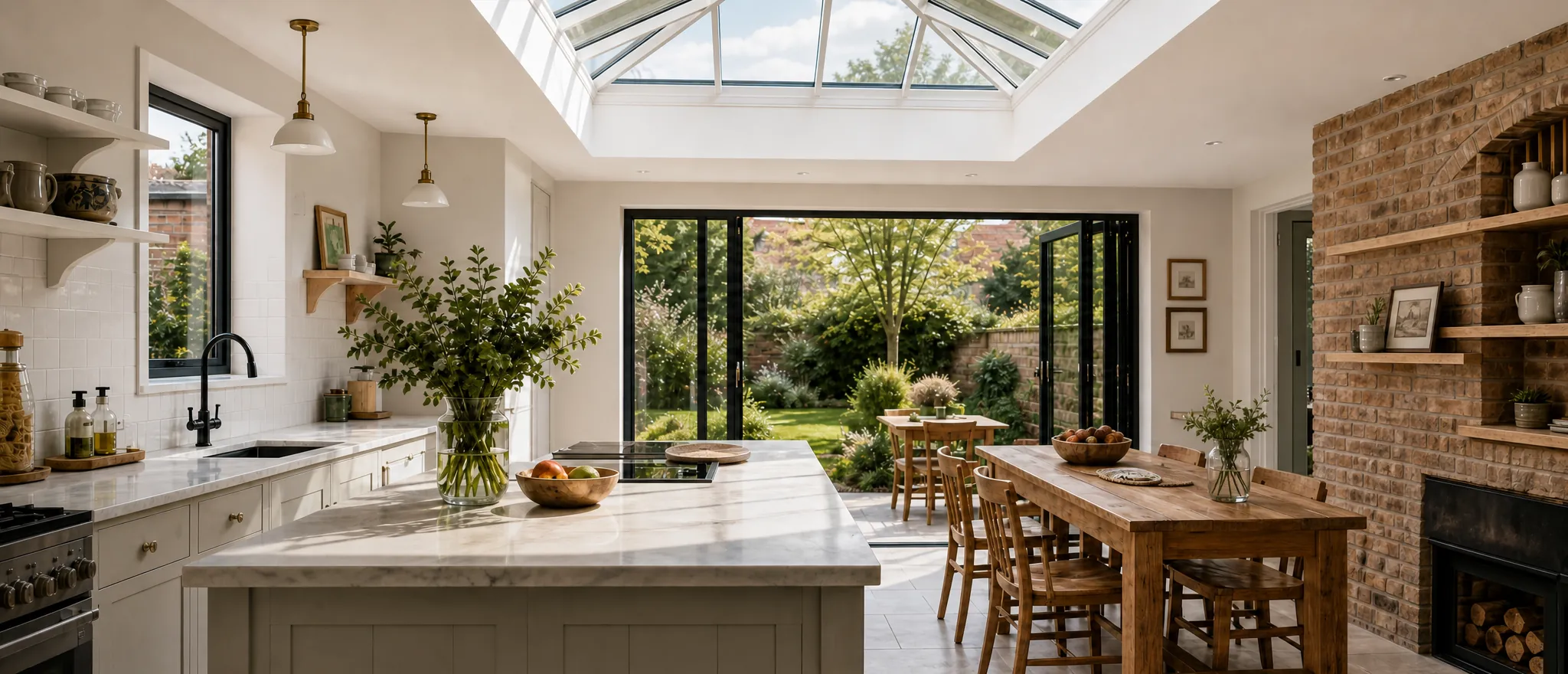 A kitchen extension lit by a roof lantern, with a sink under the window, a marble island and an oak dining table by open bifold doors