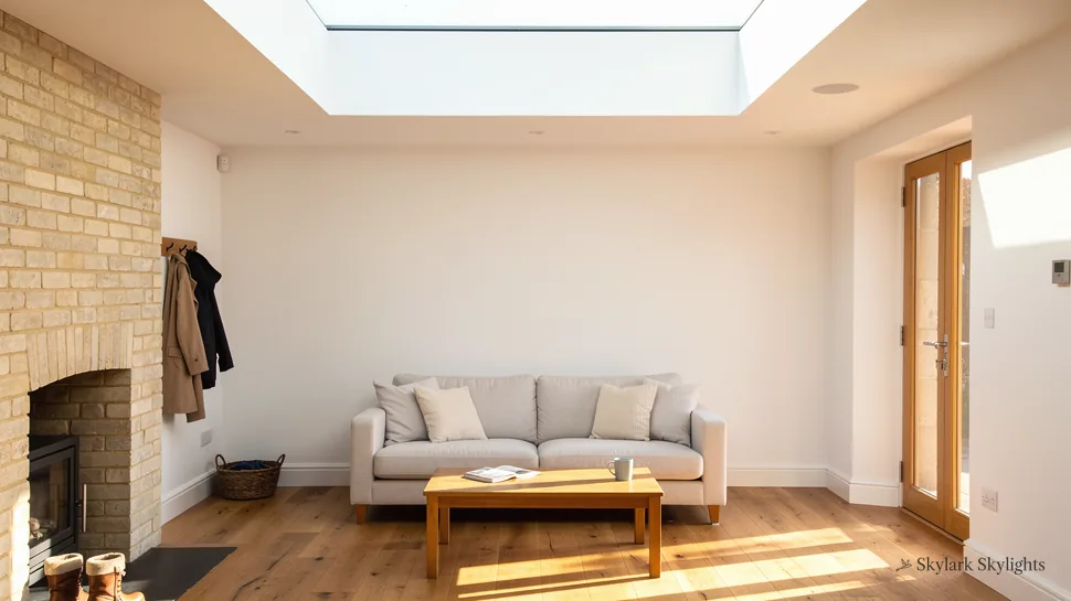 Sitting room with a sofa and log store, lit by a flat rooflight in the ceiling