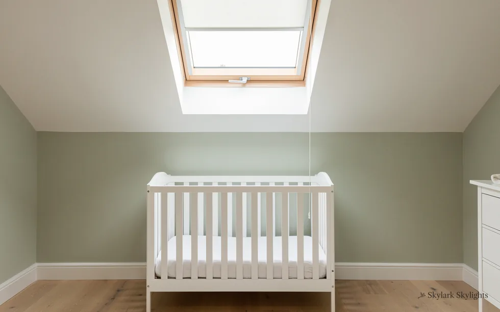 Nursery with a white cot below a roof window