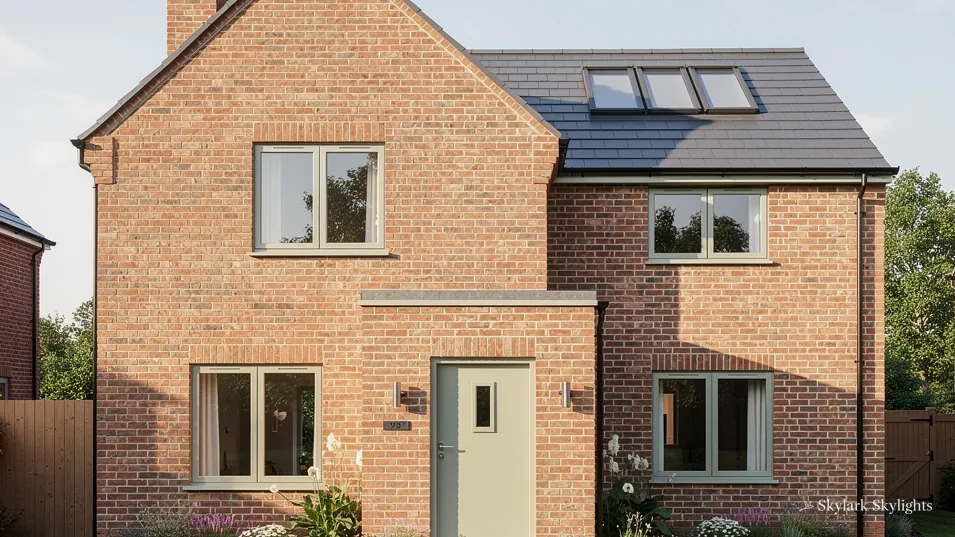 Brick house with roof windows and a light-coloured front door