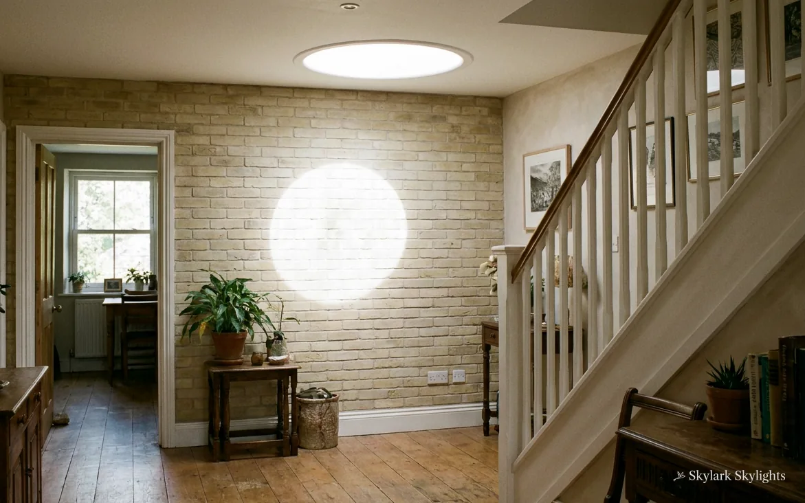 Entrance hall with a stair and a round window in a pale brick wall
