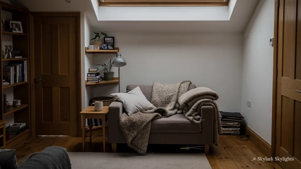 Cosy loft room with an armchair and blanket under a single roof window