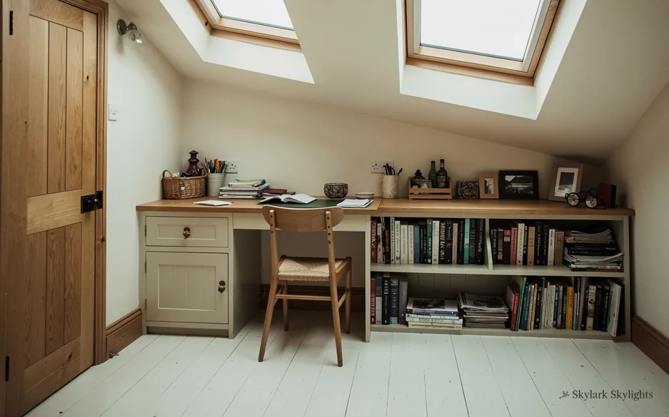 Desk and bookshelves in a cottage room under roof windows