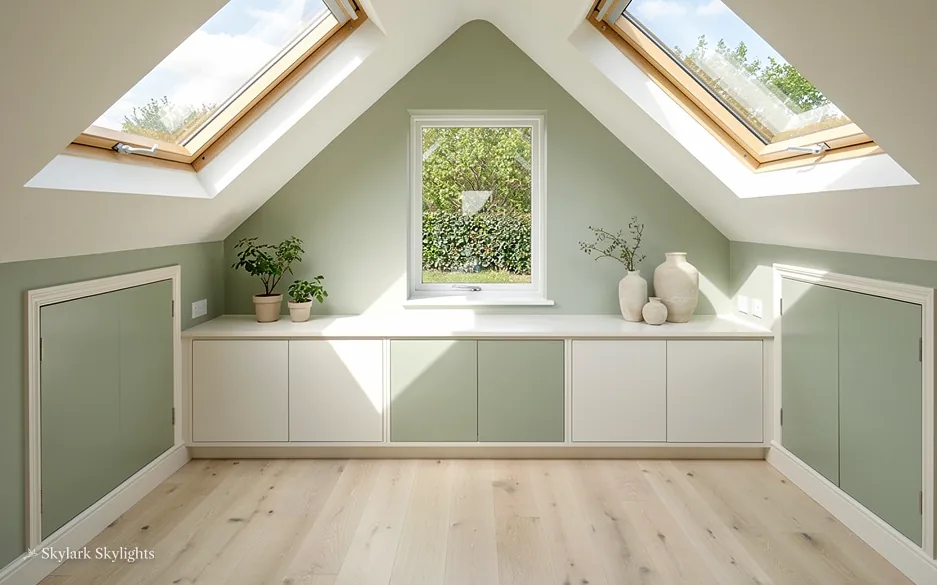 Loft room with built-in storage between two roof windows