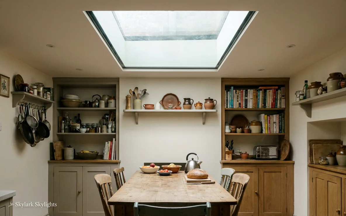 Kitchen dresser and table with shelves of crockery