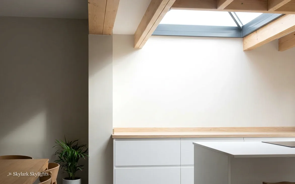Galley space with a rooflight over a white worktop