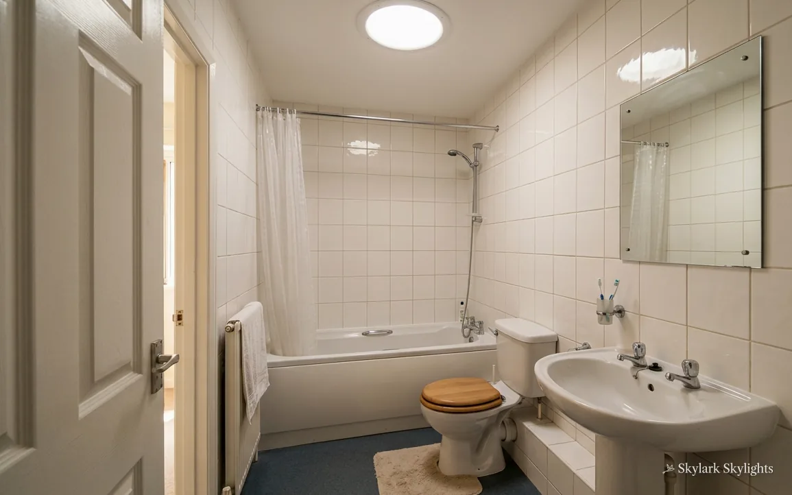Tiled bathroom with a basin and a round light above