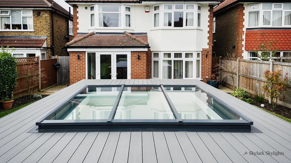 Walk-on rooflight in grey decking at the back of a semi