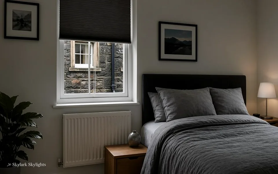 Bedroom with dark bedding below a sash window