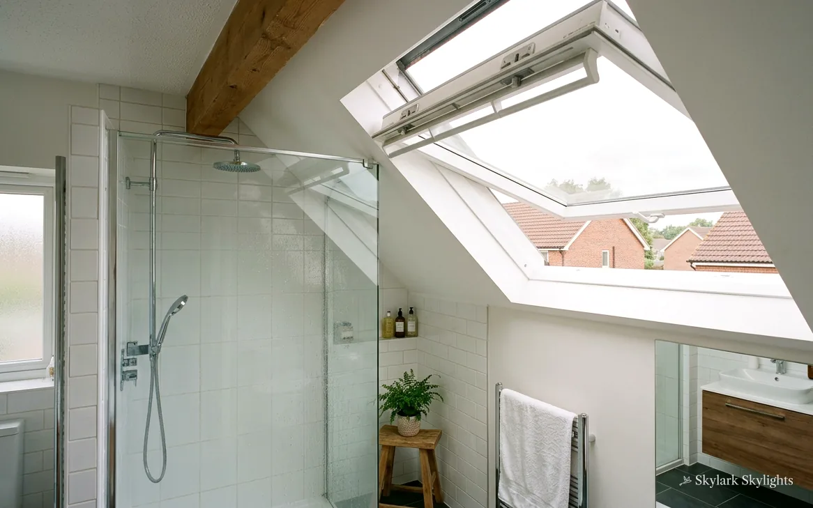Shower room with an open roof window above the glass screen