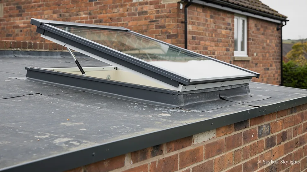 Opening rooflight on a flat roof above a brick wall