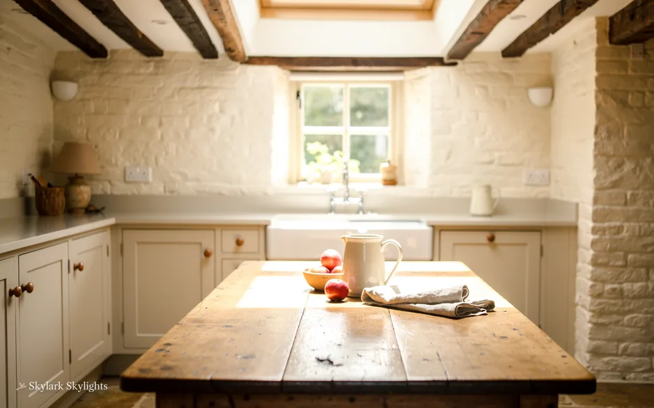 Cottage kitchen with a scrubbed table and stone walls