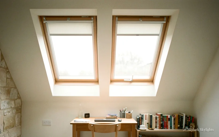 Desk with books under two roof windows in a loft