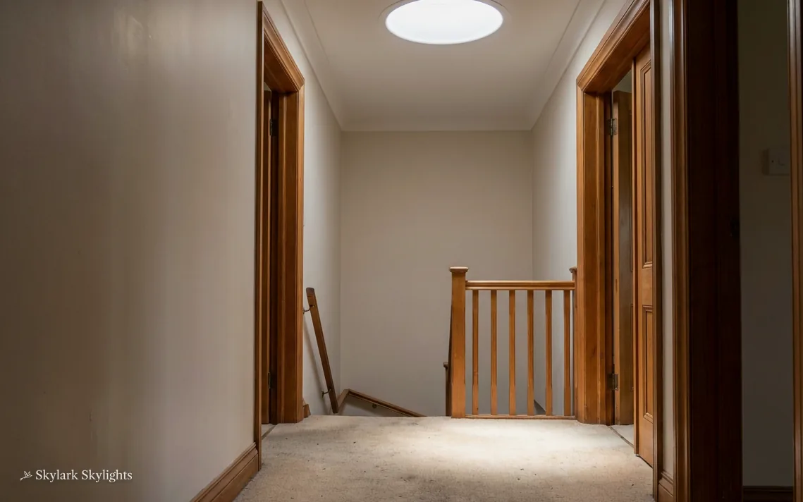 Landing with oak doors and a sun tunnel in the ceiling