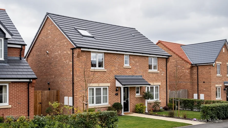 Modern brick detached house with a gabled porch