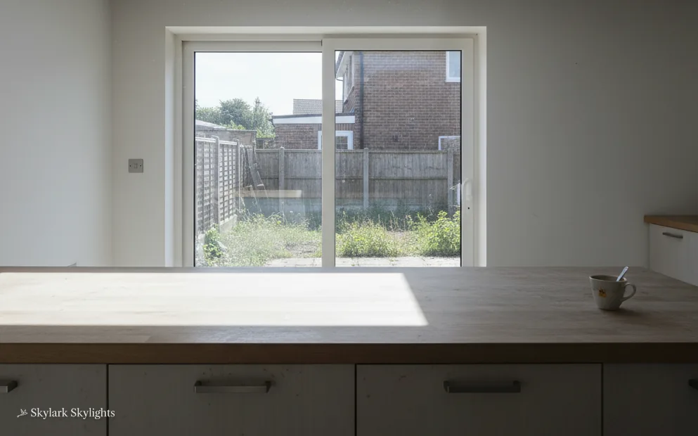 Worktop by a back window looking onto a yard