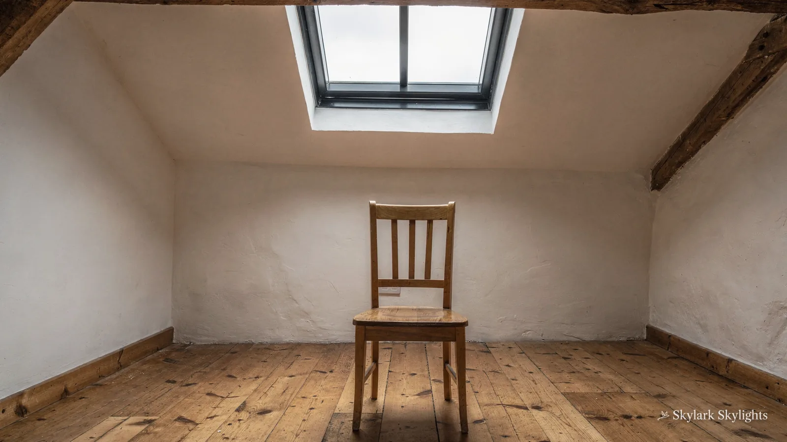 Empty loft room with a single wooden chair under a roof window