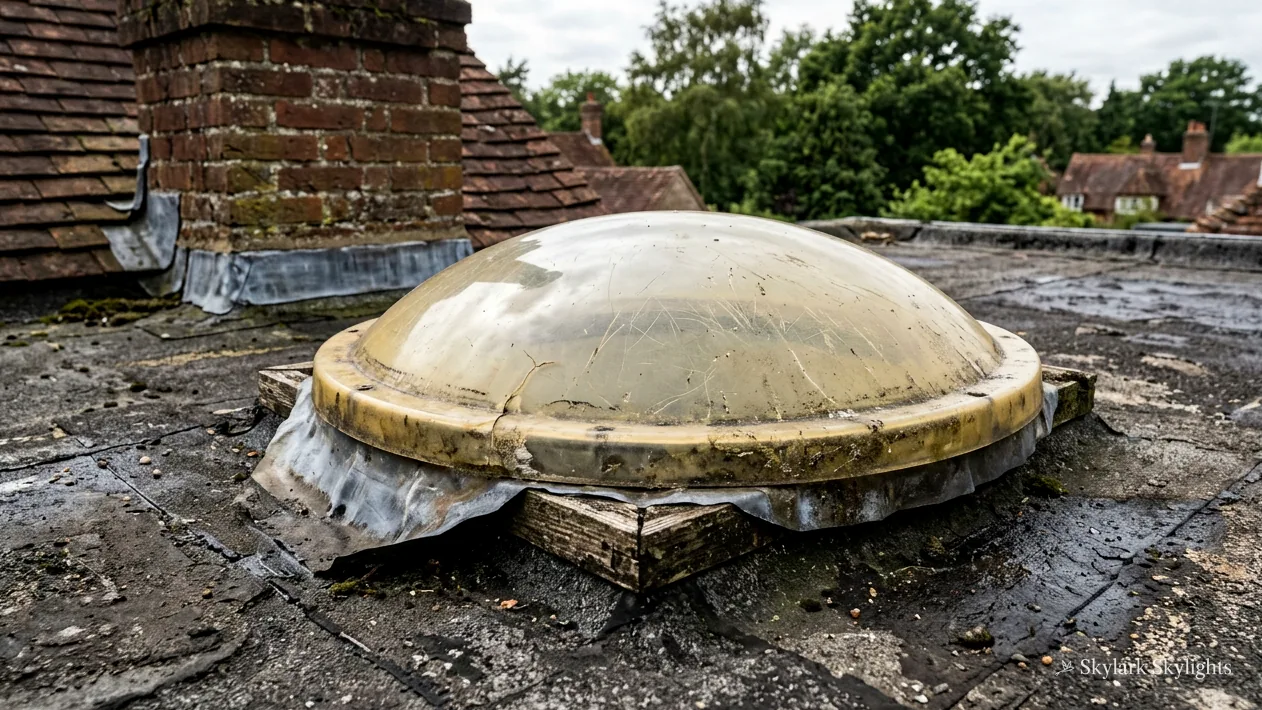 Weathered dome rooflight with a split upstand on an old flat roof