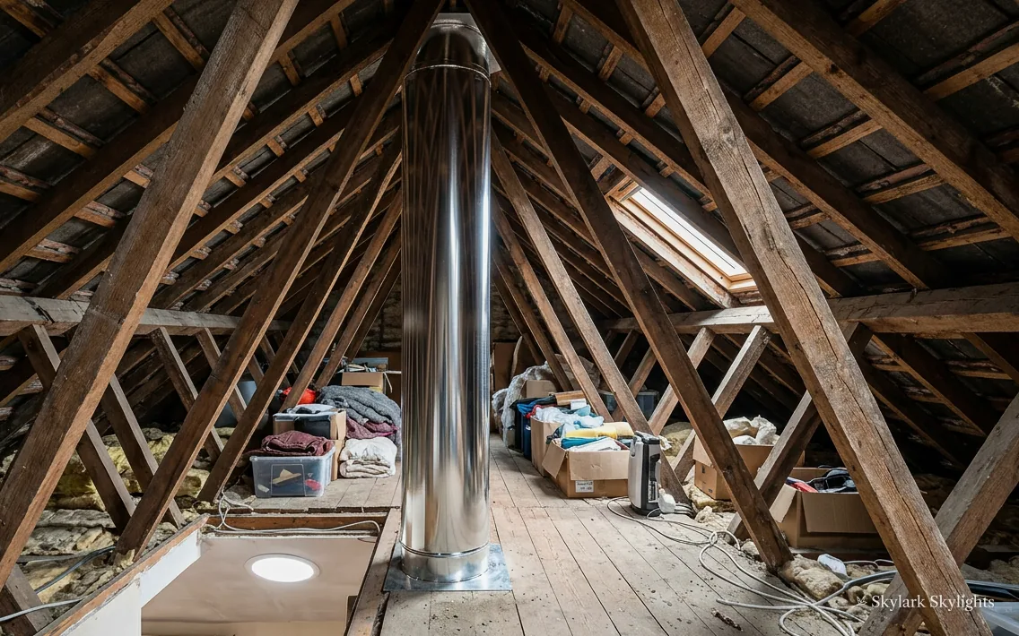Unconverted loft with timber trusses and a sun tunnel pipe