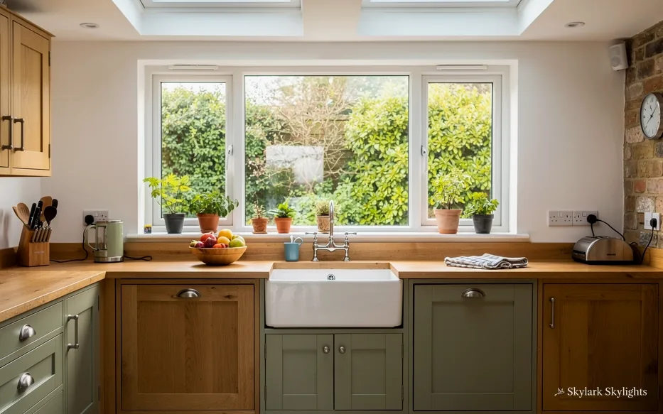 Back kitchen with a butler sink below a garden window