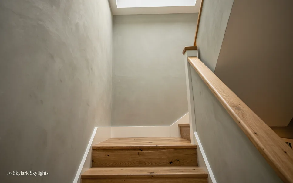 Top of a narrow staircase with a wooden rail