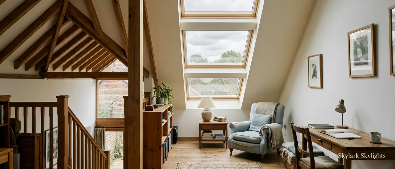 Loft study with timber beams, an armchair and two roof windows