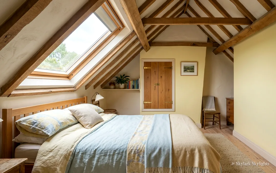 Beamed loft bedroom with a roof window
