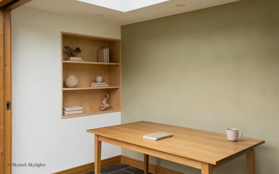 Table against a green wall with shelves set into the alcove