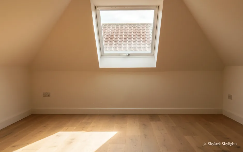 Empty room under a sloping ceiling with a small roof window
