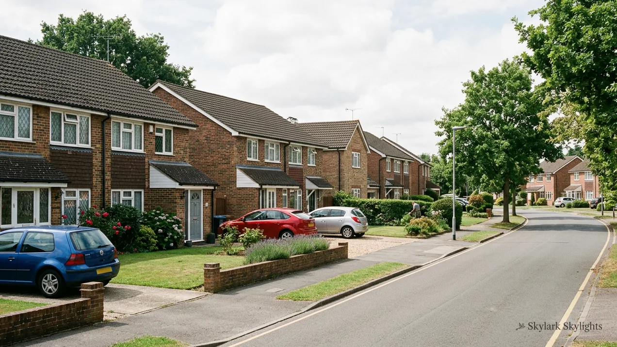 Street of brick semis with cars on the drives