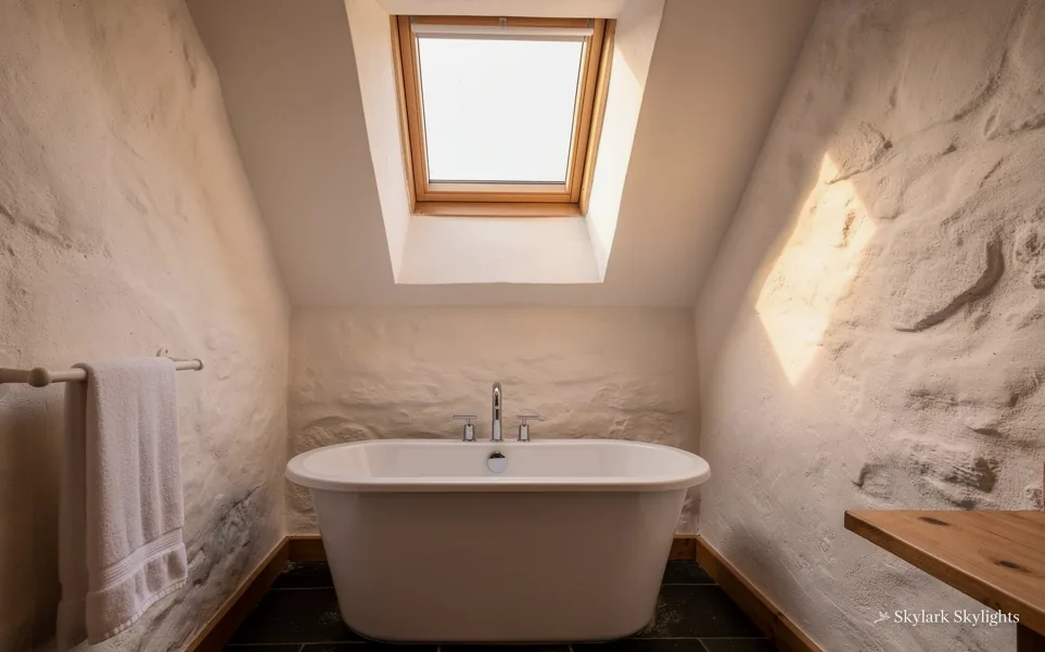 Freestanding bath against a rough plastered wall under a roof window