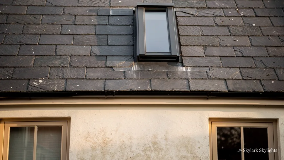 Narrow rooflight in a dark slate roof above a cream wall