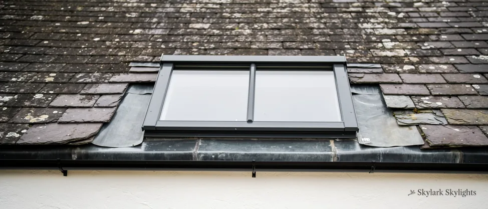 Low-profile rooflight with a central glazing bar in an old slate roof