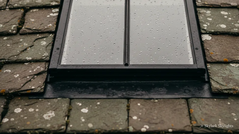 Conservation rooflight with a central bar in lichen-covered slates