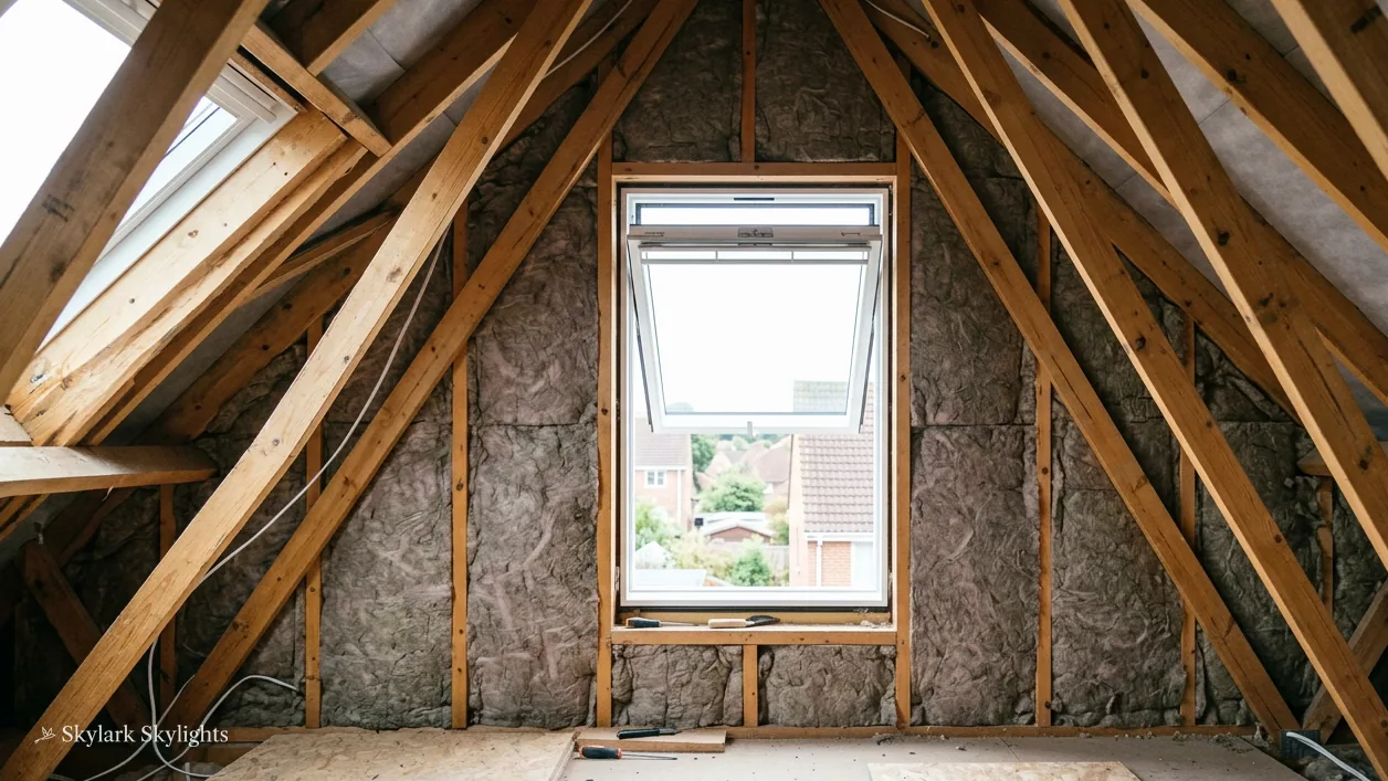 Insulated loft under oak rafters with a roof window at the gable end