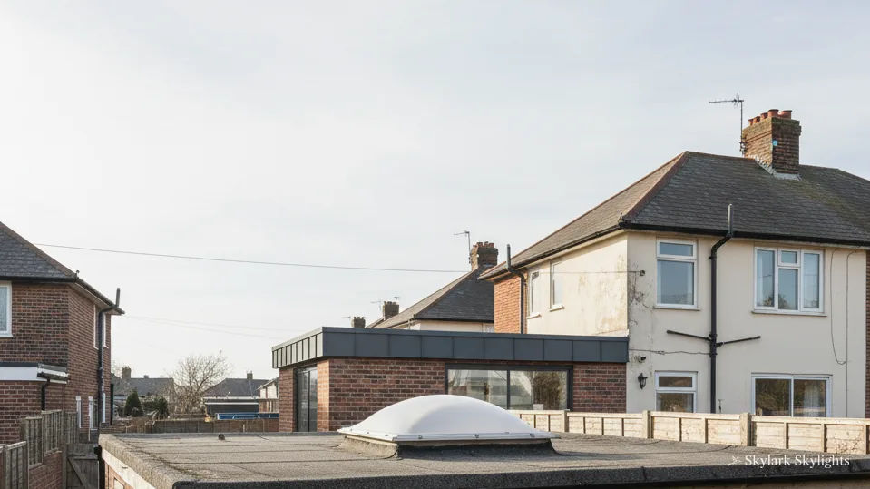 Dome rooflight on a flat roof beside rendered semis
