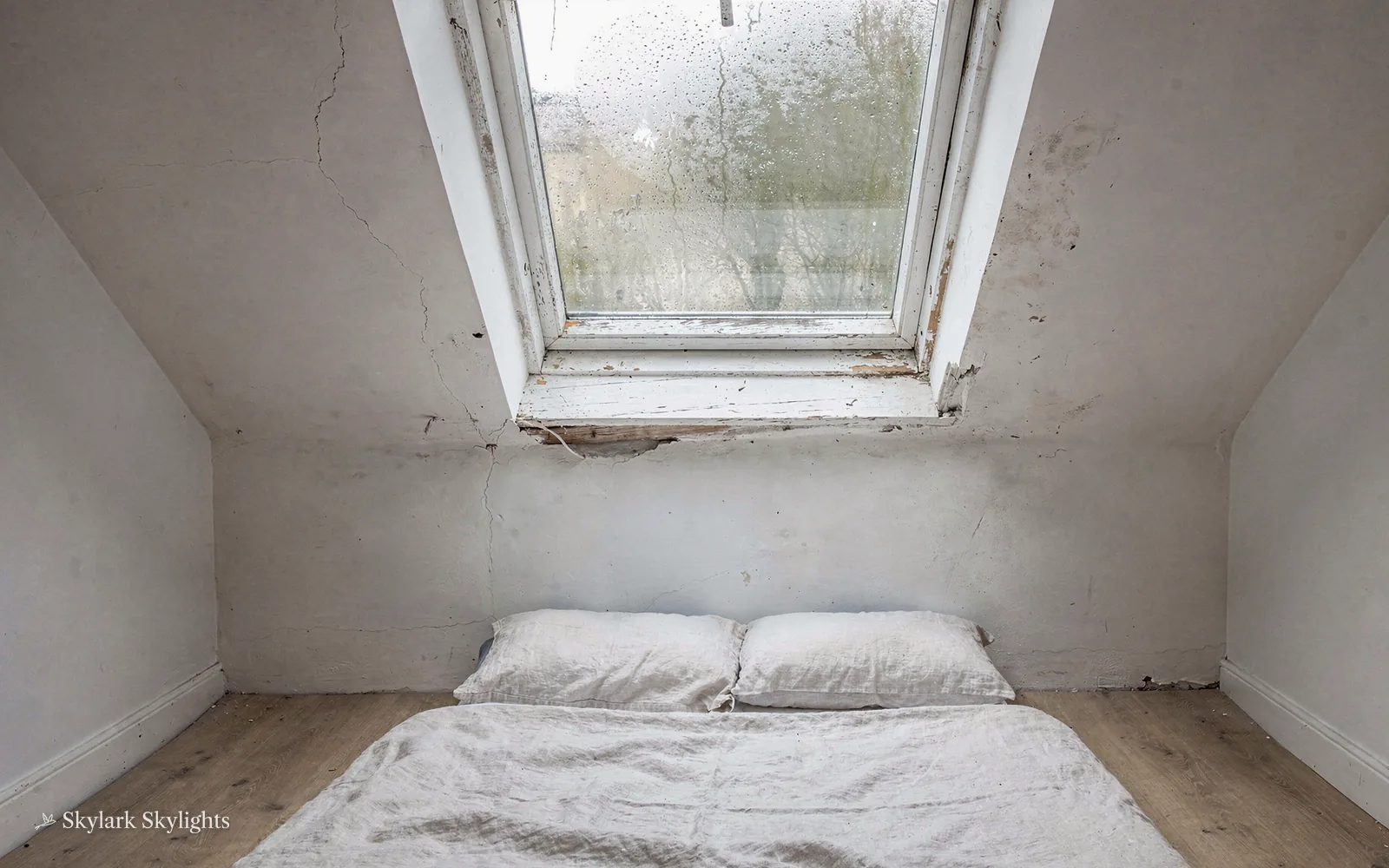 Mattress on the floor of a loft under a roof window