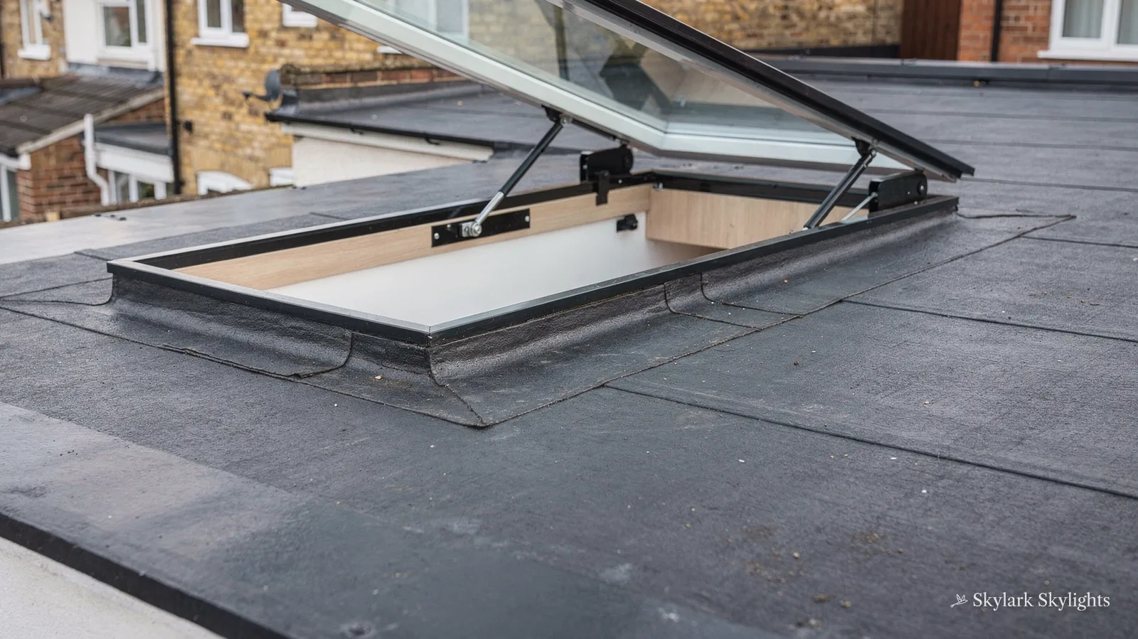 Hinged opening rooflight raised on a flat roof beside a brick terrace