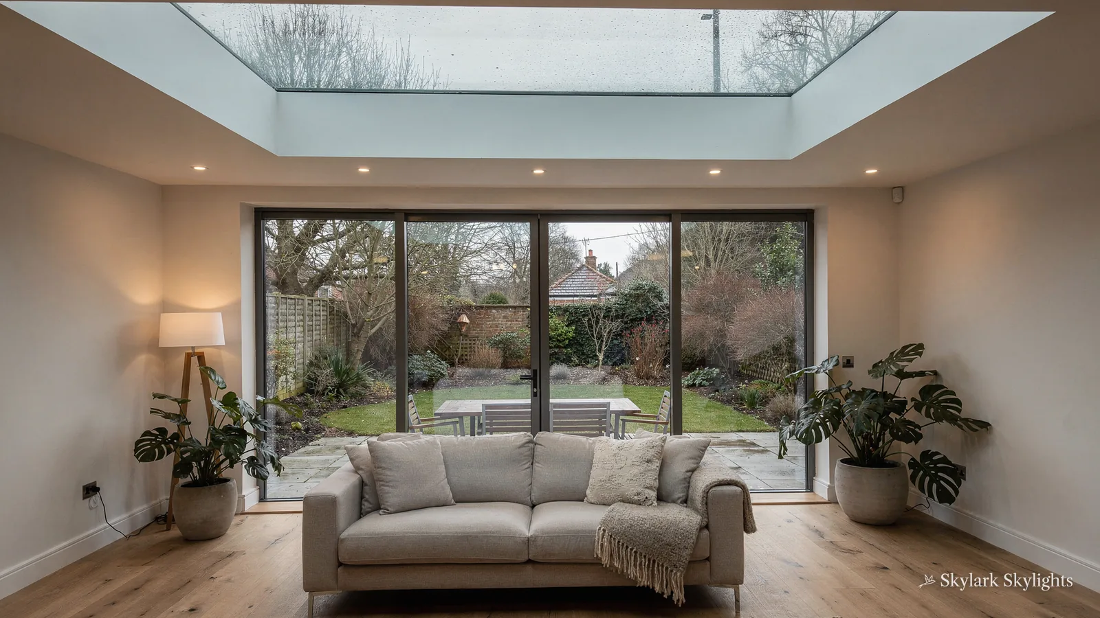 Living room with sliding doors to the garden and a long rooflight above the sofa