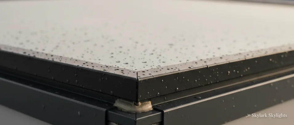 Corner of a glazed rooflight unit with rain droplets on the top pane