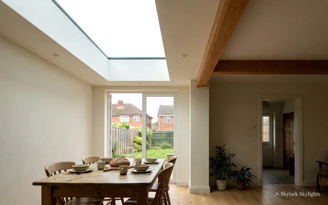 Dining table under a rooflight with the garden through the back window